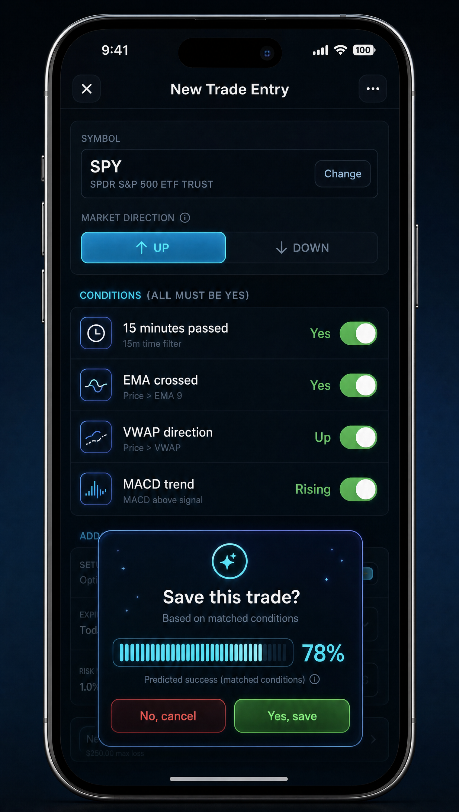 TradeOS new trade entry with probability popup